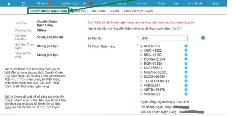 W88 cung cấp đa dạng các phương thức nạp tiền khác nhau